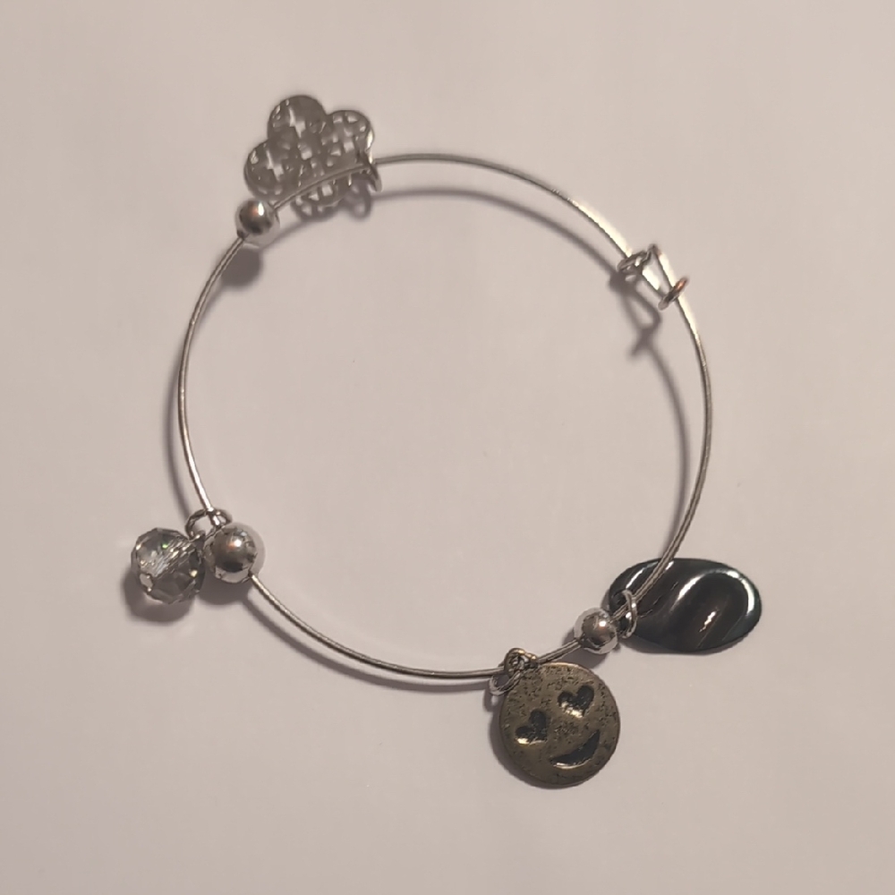 Silver Gunmetal And Gold Heart Smiley Face Crystal‎ Ball Charms Bangle Bracelet